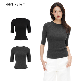 HHYB别来无恙 简约修身中袖上衣女2025气质圆领五分袖针织衫M965