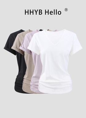 HHYB别来无恙 韩系慵懒亚麻V领短袖T恤女2026夏季百搭上衣260032