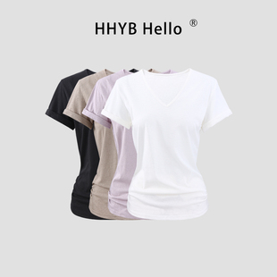 HHYB别来无恙 韩系慵懒亚麻V领短袖T恤女2026夏季百搭上衣260032
