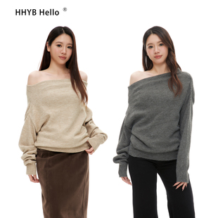 百搭显瘦上衣M577 针织上衣女秋冬装 HHYB别来无恙 一字领露肩长袖