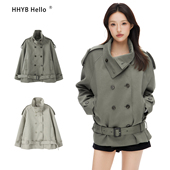 风衣外套H70032 军绿色立领弧形肩廓形短款 HHYB别来无恙 2025冬季