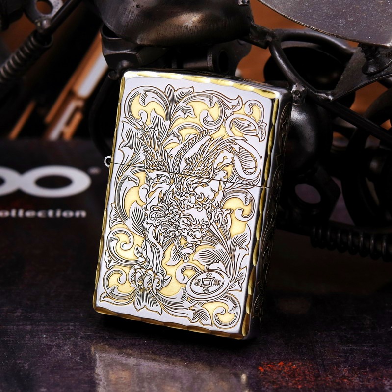 美国原装正品ZIPPO芝宝打火机205/167盔甲镀铬双色DIY版唐草貔貅