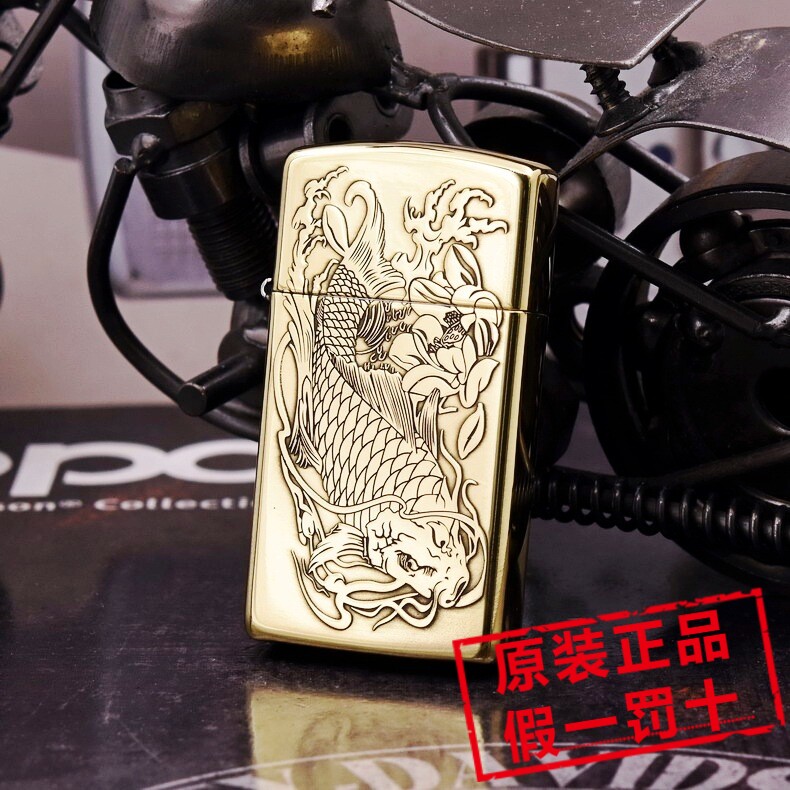 原装正品ZIPPO防风打火机DIY纤巧女士纯铜窄机精雕荷塘鲤鱼戏荷花