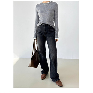 加绒牛仔裤修腿型笔直！秋冬美式炭黑色直筒裤窄版阔腿裤