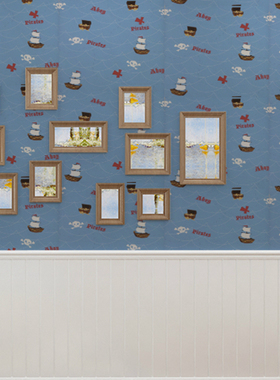 MADE IN USA美国进口纯纸墙纸蓝色海盗船宝藏图案男孩房儿童壁纸