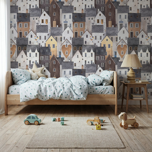 儿童房书房童话别墅房子风格 环保木浆纸 背景墙满铺壁纸