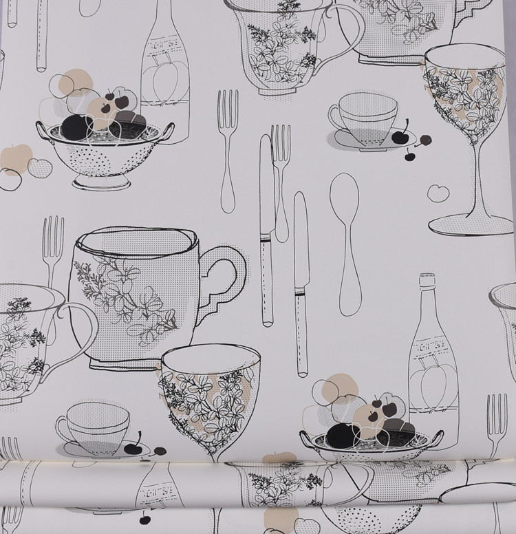 美国进口纯纸壁纸 黑白调 茶杯女孩房 餐厅个性环保约克墙纸