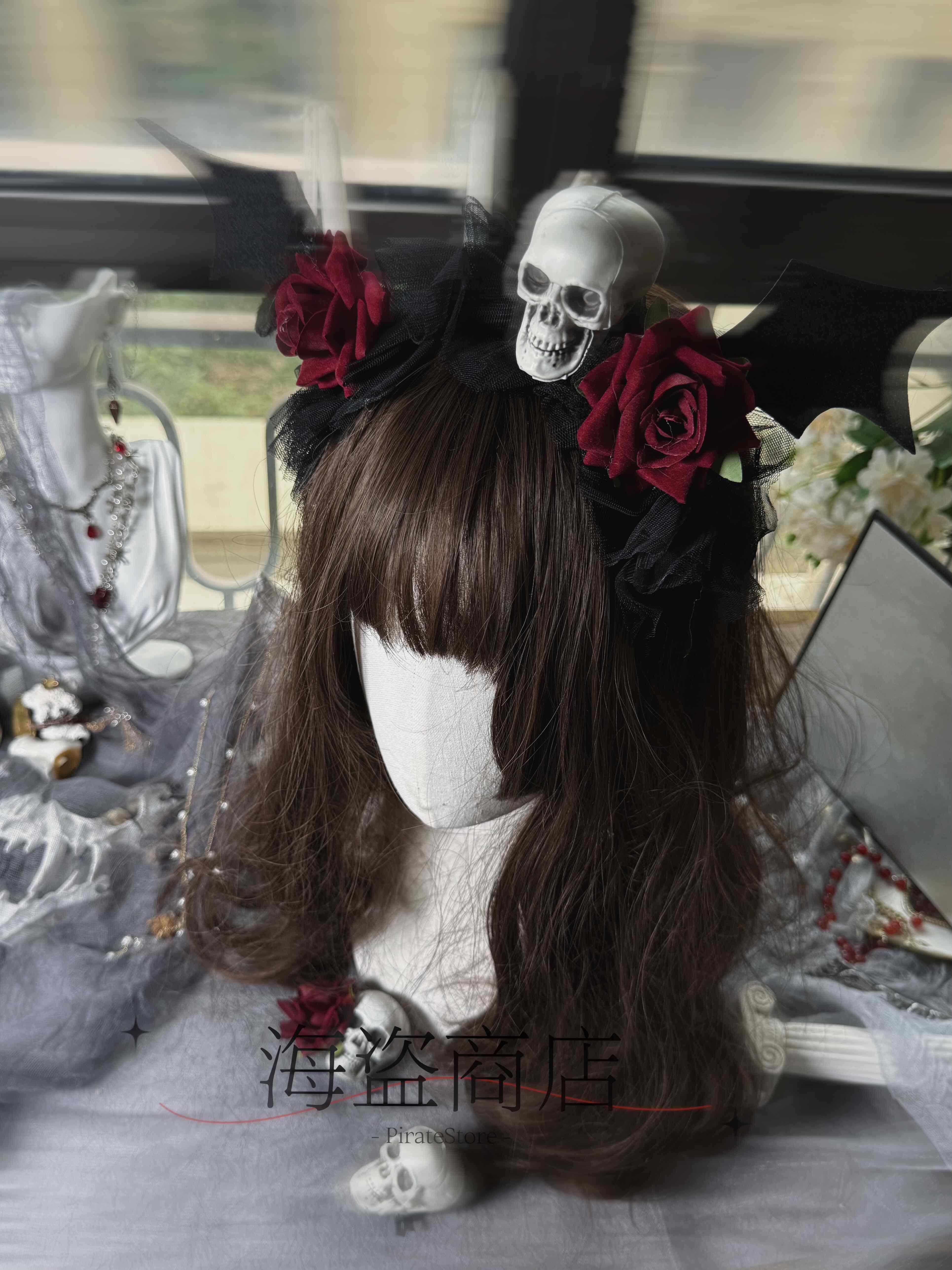 玫瑰头颅 可拆分哥特暗黑Lolita发箍朋克魔女巫头纱万圣节小恶魔