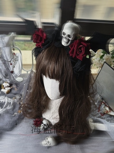 玫瑰头颅 可拆分哥特暗黑Lolita发箍朋克魔女巫头纱万圣节小恶魔