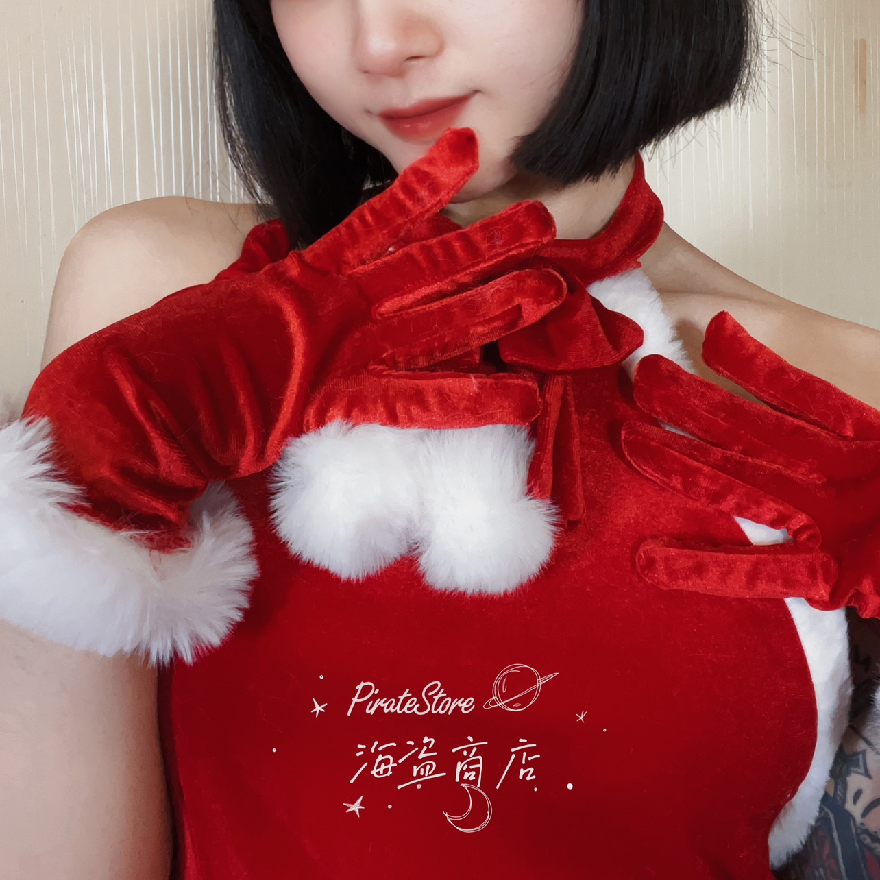 红丝绒 圣诞配色白色毛绒边金丝绒手套 过肘优雅 短款cos 节日