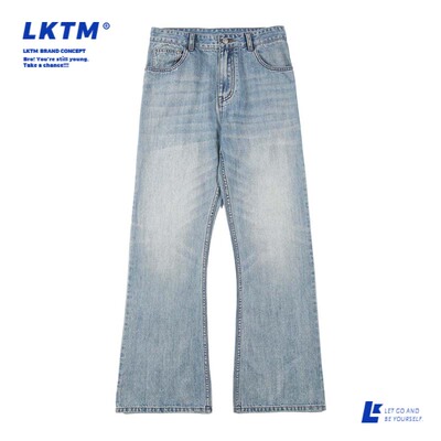 LKTM新款美式高街蓝色微喇牛仔裤男款高级感个性百搭显瘦阔腿长裤