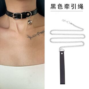 黑色choker皮质项圈铃铛颈链短款项链小众chocker项圈小狗牵引绳