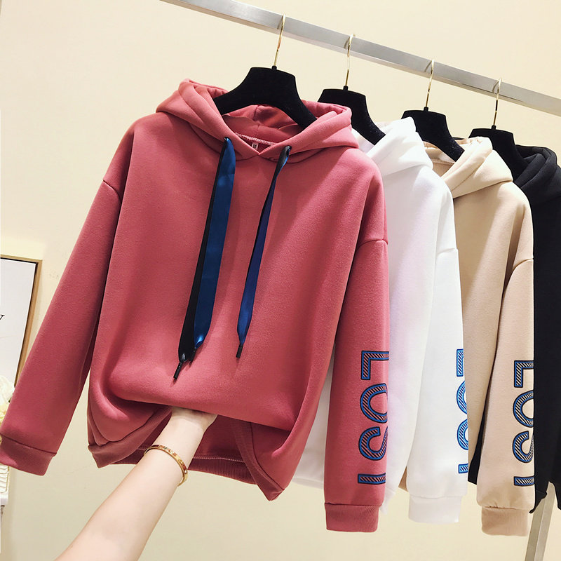 ins超火的上衣大码女装长袖连帽卫衣女加绒加厚宽松秋冬韩版外套