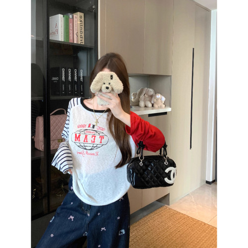 春夏美式薄款条纹撞色拼接长袖T恤早新款慵懒宽松显瘦上衣0402d