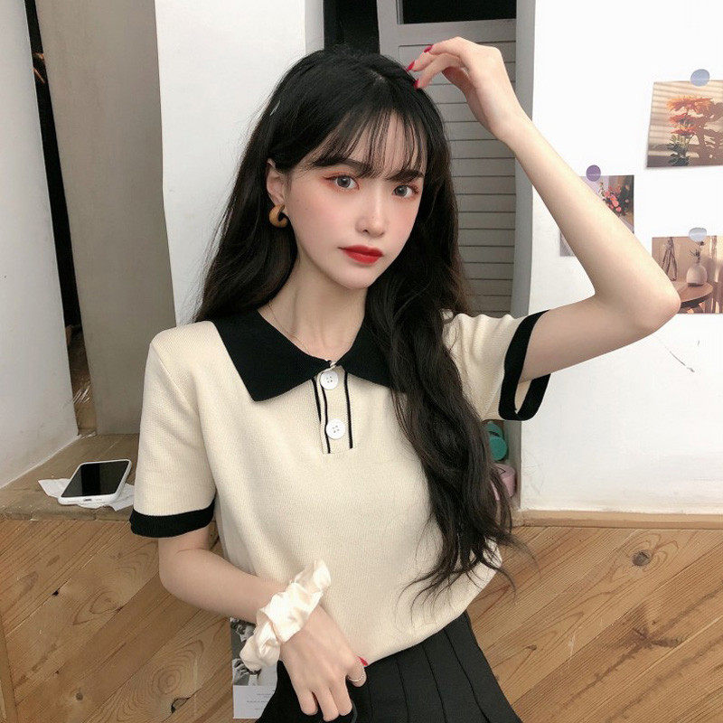 HARAJUKU STYLE KNITTED SHORT SLEEVE T-SHIRT WOMENS CUFFLINKS 2024 SUMMER POLO COLLAR VERSATILE SLIM SLIM CROP TOP