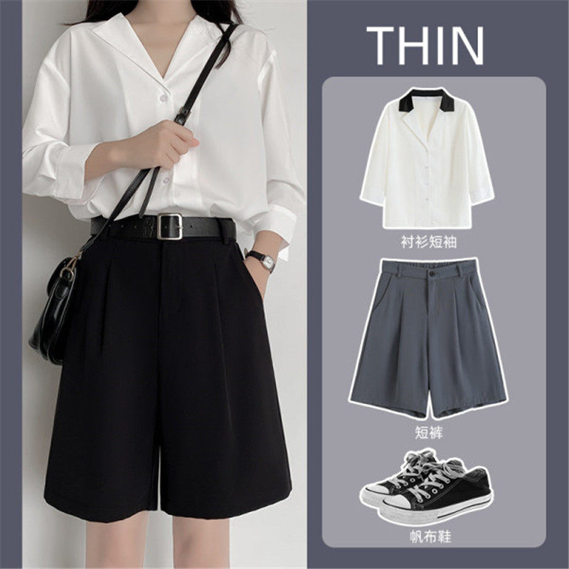 SUIT SHORTS WOMENS SUMMER LOOSE WIDE LEG PLUS SIZE 2024 NEW HIGH WAIST STRAIGHT CUFFLINKS CASUAL PANTS CROPPED PANTS