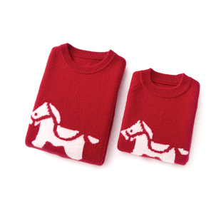 26年新年马年本命年红色毛衣女亲子装纯羊毛圆领针织提花羊毛衫