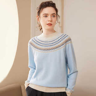 提花羊绒圆领针织衫毛衣女冬慵懒风100山羊绒2024秋冬新款