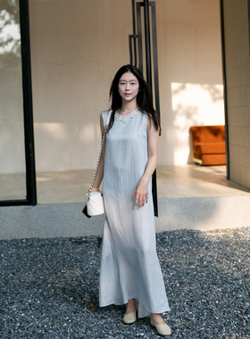 Floating轻中式美学｜浅蓝亚麻钉珠无袖连衣裙清冷气质长款背心裙