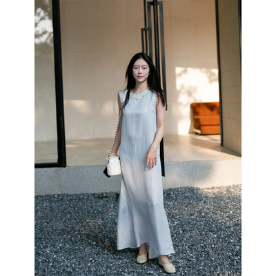 Floating轻中式美学｜浅蓝亚麻钉珠无袖连衣裙清冷气质长款背心裙
