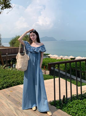 Floating 牛仔蓝刺绣花边一字领设计感天丝连衣裙女度假风长裙