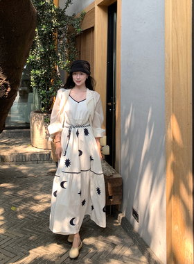 Floating亚麻星空裙 高定星辰贴布绣吊带连衣裙女度假风无袖长裙