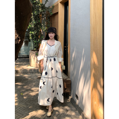 Floating亚麻星空裙 高定星辰贴布绣吊带连衣裙女度假风无袖长裙