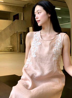 Floating 墨韵流光/亚麻珠片刺绣茧型裙温柔气质新中式背心连衣裙