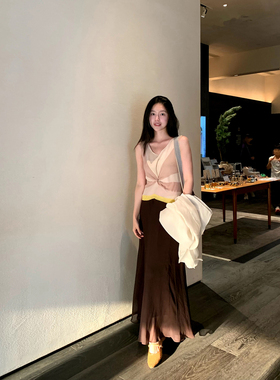 Floating 拼色美学/仿真丝拼色交叉设计感飘逸气质无袖长款连衣裙