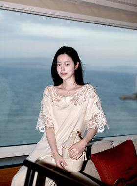 Floating 重工蕾丝领口拼接设计感宽松t恤长裙女气质针织连衣裙