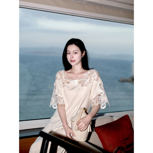 Floating 重工蕾丝领口拼接设计感宽松t恤长裙女气质针织连衣裙