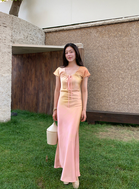 Floating 郁金香物语 渐变45°斜裁短袖裹身裙气质长款收腰连衣裙