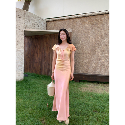 Floating 郁金香物语 渐变45°斜裁短袖裹身裙气质长款收腰连衣裙