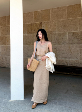 Floating大地诗行/木调原木色高级感亚麻无袖裹身长裙气质连衣裙