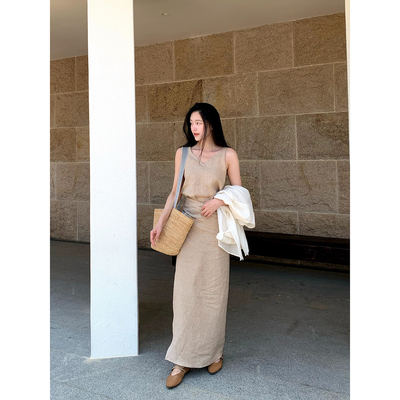 Floating大地诗行/木调原木色高级感亚麻无袖裹身长裙气质连衣裙