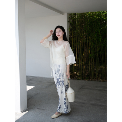 Floating高定 新中式真丝欧根纱提花清冷感薄款透感防晒罩衫上衣