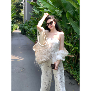女夏2025度假风气质长裤 Floating 印花连体裤 吊带无袖 100纯亚麻