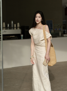 Floating 高支纯亚麻 法式度假风气质设计感斜肩连衣裙女夏季长裙