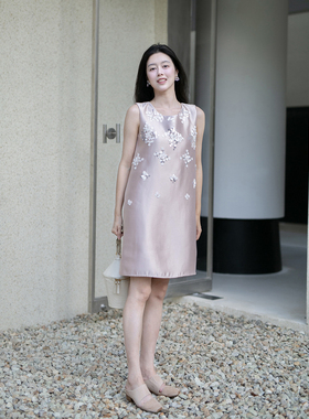 Floating手工定制 重工钉花背心裙气质优雅无袖连衣裙/网纱半裙