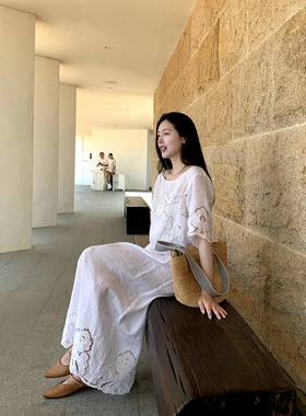 Floating 自然随性/纯亚麻 度假风气质刺绣剪裁高级感短袖连衣裙