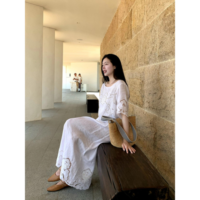 Floating 自然随性/纯亚麻 度假风气质刺绣剪裁高级感短袖连衣裙