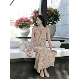 Floating私服 定制印花名媛度假风气质长裙女挂脖连衣裙 米兰周末