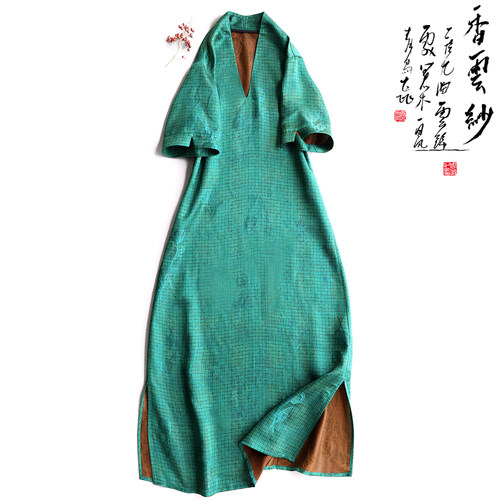 云澍花罗香云纱v领连衣裙夏印花