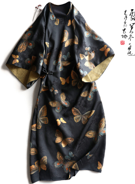 云澍原创 花罗香云纱倒大袖连衣裙桑蚕丝印花文艺气质圆领长裙