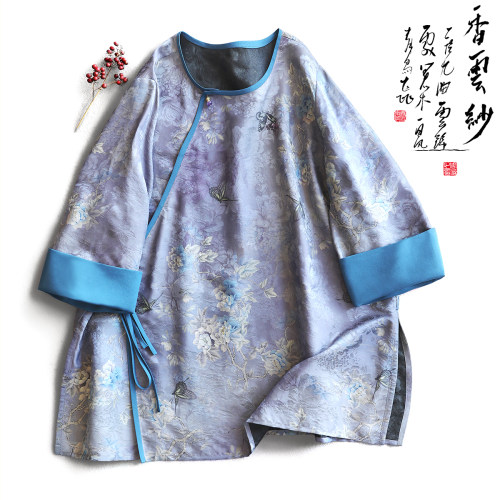 云澍桑蚕丝印花上衣新中式系带