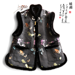 云澍织锦缎新中式 水貂毛立领复古国风过年宴会加棉马甲棉服上衣女