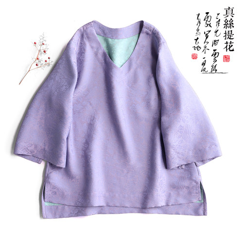 云澍真丝提花V领中式上衣短袖夏