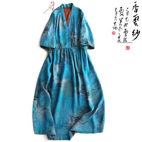 云澍花罗香云纱印花收腰连衣裙夏