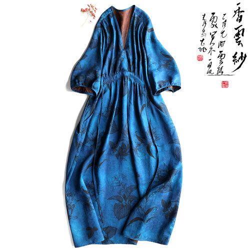 云澍花罗香云纱V领系带连衣裙女