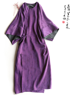 云澍原创 花罗香云纱宽松连衣裙圆领蝙蝠袖盘扣收腰紫色文艺长裙